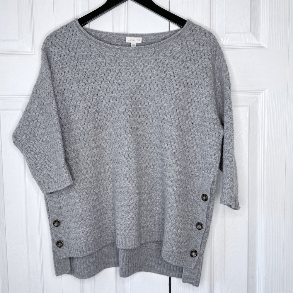 Garnet Hill 100% Cashmere Sweater Womens M Gray Basketweave Side Button Boxy M